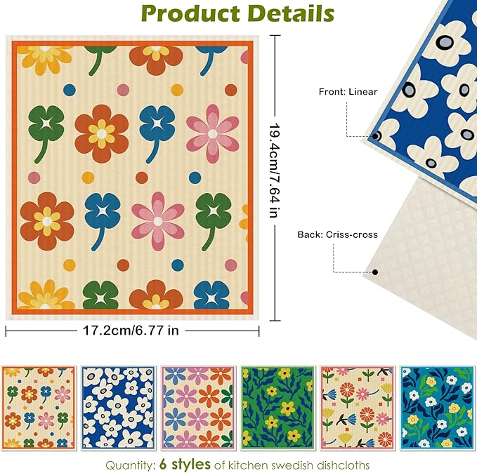 6 Packs Swedish Paper Cloths for Kitchen, Reusable Paper Towels Washable Dish Rags, Highly Absorbent Kitchen Towels Quick Drying Swedish Sponge Cleaning Dish Cloths(Colorful Broken Floral)