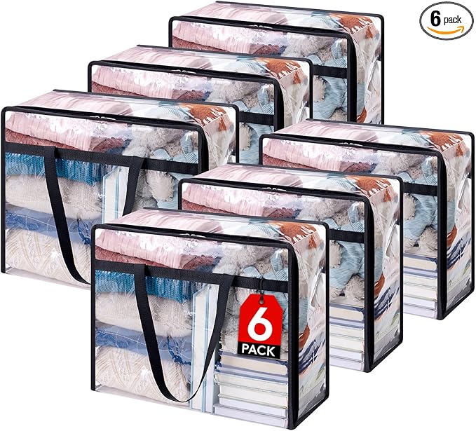 Lifewit 6 Pack Clear Clothes Storage Bags, 40L Plastic Blanket Storage Bag, Vinyl Foldable Moving Bags with Zipper, Closet Organizers and Storage Containers for Bedding, Duvet, Comforter
