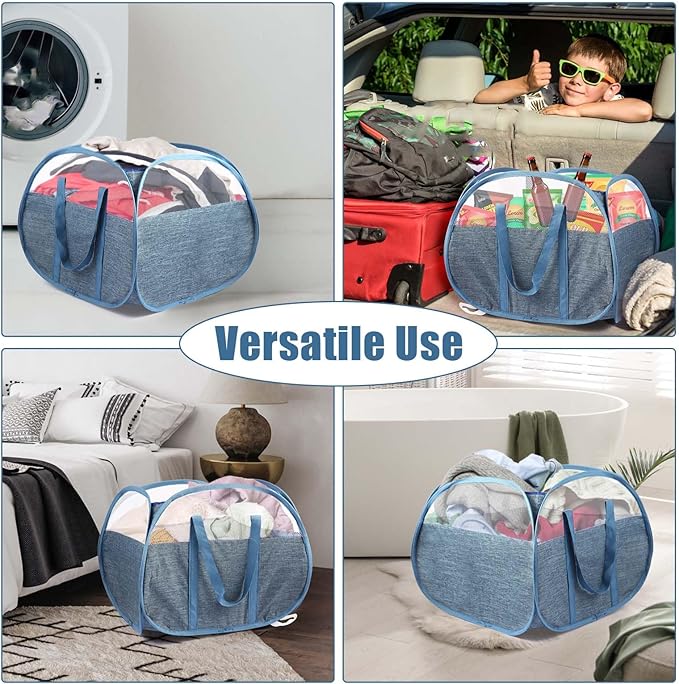 Collapsible Laundry Baskets, Tear Proof Pop Up Laundry Hamper with Large Capacity, Sturdy Foldable Laundry Basket, Easy to Carry Laundry Hamper for Home, Laundry Room, Bedroom, Dorm, Travel Blue