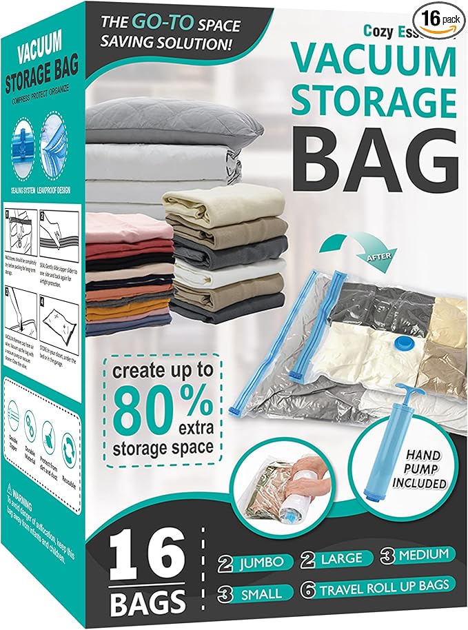 Cozy Essential 16 Pack Vacuum Storage Bags, Space Saver Bags (2J/2L/3M/3S/6Roll) Compression Storage Bags for Comforters and Blankets, Pillow, Bedding, Vacuum Sealer Bags for Clothes Storage