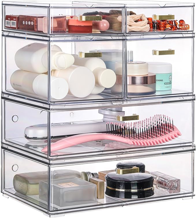 Stackable Storage Drawers, 6 Pack Clear Acrylic Organizer Bins with Golden Handles, Multi-Size Plastic Drawers for Makeup, Vanity, Kitchen, Bathroom, Office, Under Sink & Cabinet Organizatio