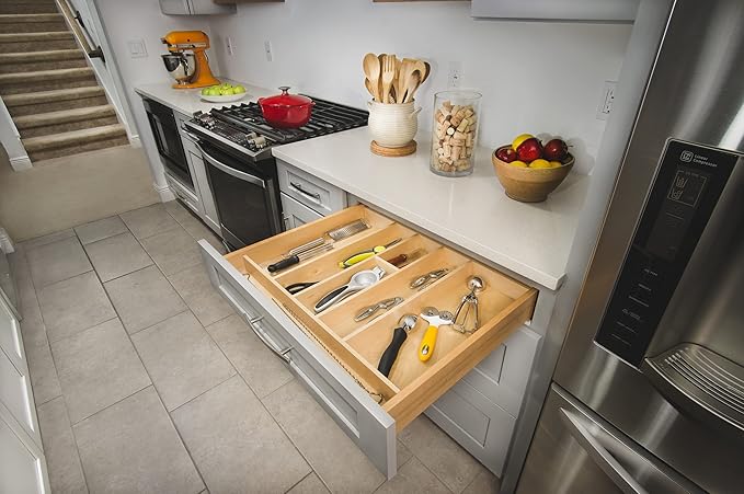 Rev-A-Shelf Trim-to-Fit Silverware Drawer Organizer For Kitchen Utensils, Cutlery Cabinet Storage Divider Insert, 18.5" x 22", Maple Wood, 4WUT-1