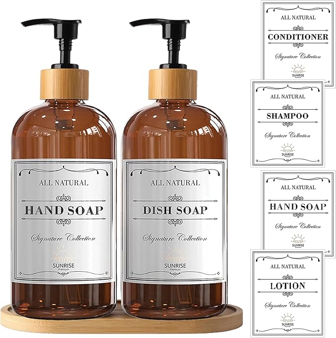 16 OZ Thick Amber Glass Soap Dispenser, Bamboo Pump with Tray 2 Pack, Hand and Dish Soap Dispenser Set for Bathroom with 6 Waterproof Labels