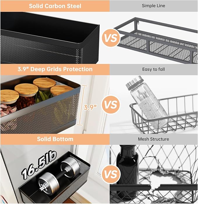 Heavy Duty Spice Rack Wall Mount - 2-Tier Metal Hanging Storage Baskets with Adhesive & Screw Options, Space Saving Spice Organizer for Kitchen, Pantry, Bathroom (2 Pack, Black)