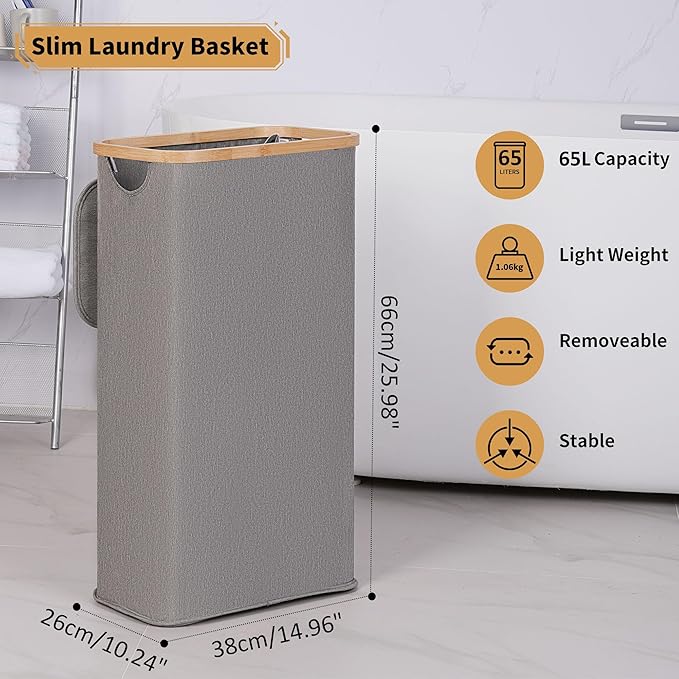 65L Slim Laundry Hamper, Narrow Laundry Basket with Lid,Foldable Clothes Hamper with Bamboo Handles,Hamper Basket with Removable Inner Bag for Laundry Room Bedroom College Dorm,17.17 Gals Grey