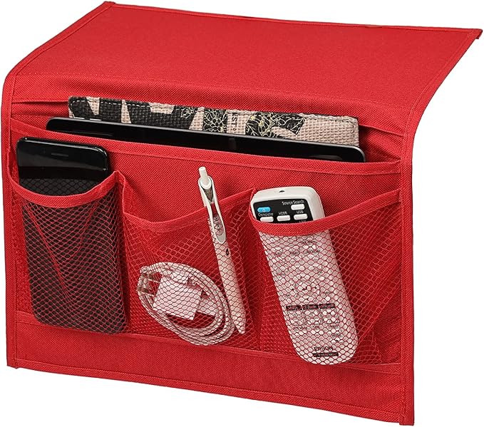Surblue Bedside Caddy 4 Pockets Bedside Storage Organizer for TV Remote Control Phone Glasses Magazine (Red)