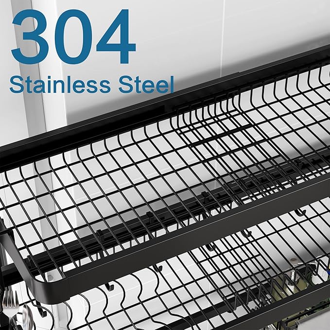 Over The Sink Dish Drying Rack,3 Tier Adjustable Length Full Stainless Steel Large Storage Kitchen Dish Rack,for Kitchen Counter Expandable Multifunctional Organizers,Silver(25.5'' to 37.4'')