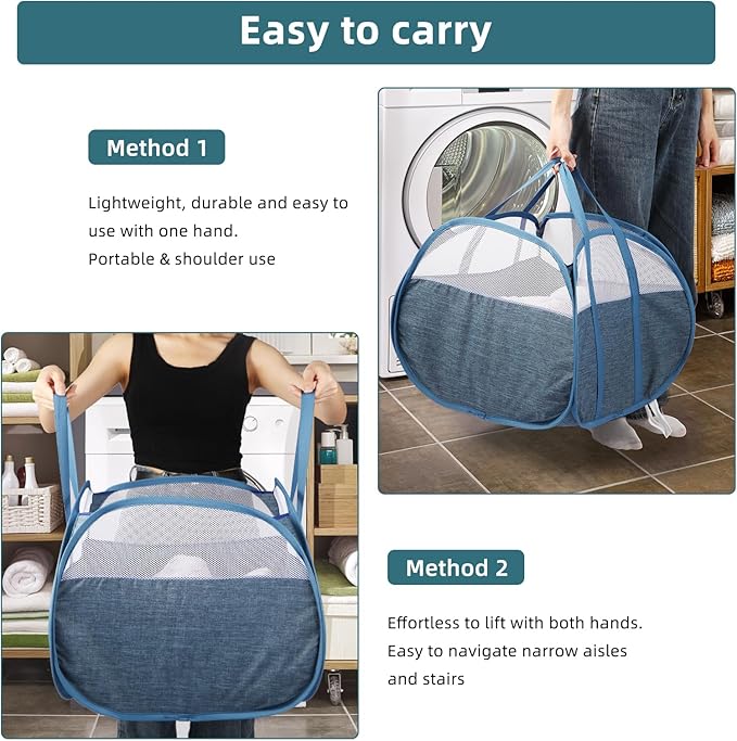 2 Pack Collapsible Laundry Baskets, 90L Large Foldable Laundry Basket, Pop Up Hampers for Laundry, Dirty Clothes Laundry Hamper for Bedroom, Bathroom, Dorm, Laundry Room, Travel or Camping Blue