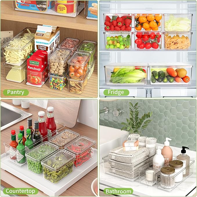 13 Pack Fridge Organizers Bins and Storage, PBA Free Refrigerator Organizer with Lids, Stackable Food Storage Bins for Kitchen, Countertops, Cabinets, Fridge, Drinks, Fruits, Vegetable