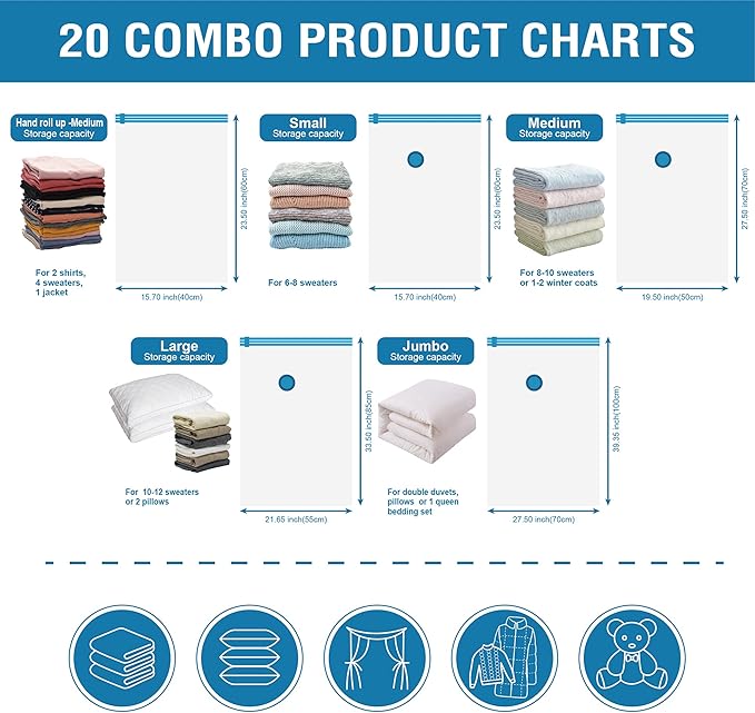 Cozy Essential 20 Pack Vacuum Storage Bags, Space Saver Bags (4 Jumbo/4 Large/4 Medium/4 Small/4 Roll) Compression for Comforters and Blankets, Pillow, Bedding, Sealer Clothes Storage