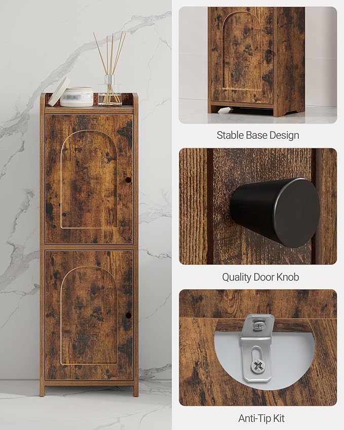 Bathroom Storage Cabinet, Small Corner Floor Cabinet with 2 Doors and Adjustable Shelf, Narrow Toilet Paper Cabinets, Bathroom Organizer for Small Spaces, 7.9"D x 9.8"W x 29.5"H Rustic Brown
