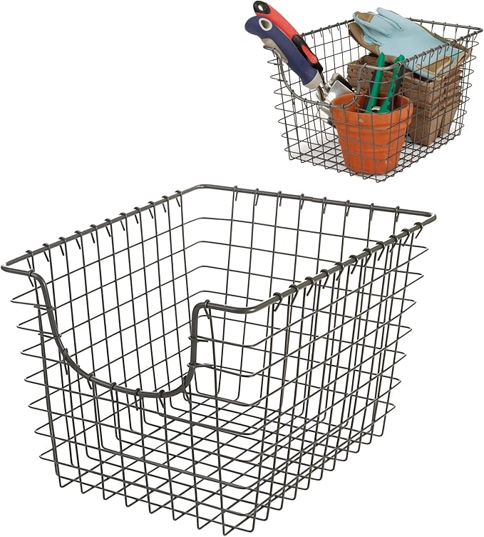 Spectrum Small Wire Scoop Storage Basket Industrial Gray Metal Wire Basket Storage Organizer for Kitchen Pantry Cabinet Bathroom Organization, Farmhouse Style Open Front Wire Storage Bin for Pantry