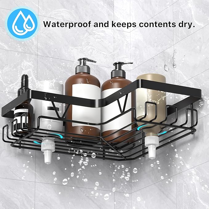 KEGII Corner Shower Caddy with Toothbrush Holder and Soap Dish, 4-Pack No Drilling Bathroom Shelves for Inside Showers, Adhesive Corner Shower Organizer for Dorm. Renters, Black