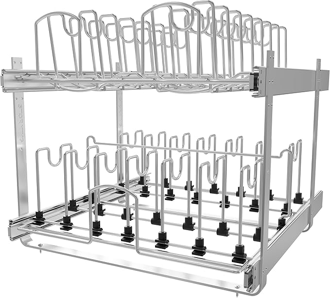 2-Tier Kitchen Pull out Cabinet Organizer for Pots, Pans, and Lid Cookware, Adjustable Heavy Duty Wire Pan and Pot Rack, Full-Extension Rail 21" W *22" D