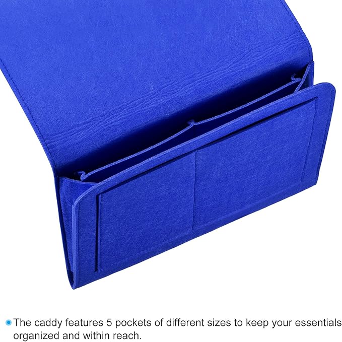 PATIKIL 13in Bedside Caddy, Bed Caddy Bedside Organizer Hanging 5 Pocket Soft Felt Bed Pockets Bedside Storage Organizer Remote Control Holder for Bedroom Phones Glasses, Blue