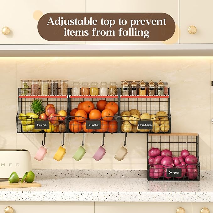 Fruit Basket for Kitchen with Lid, Counter&Wall Mounted Hanging Fruit Basket, Potato and Onion Storage, Metal Wire Fruit and Vegetable Storage, Snack Organizer 4 Pack(small and large)