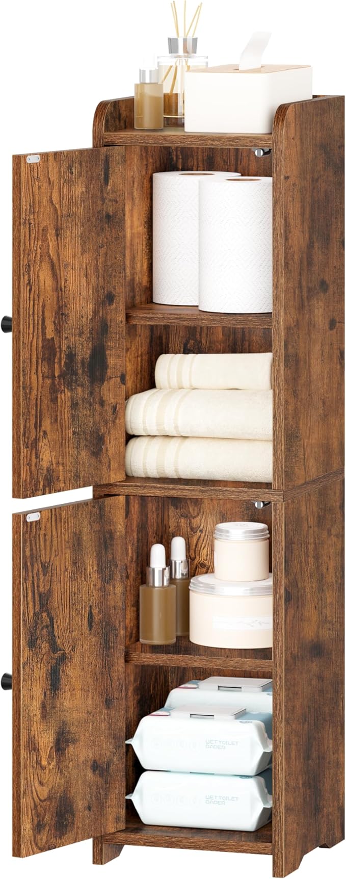 Bathroom Storage Cabinet, Small Corner Floor Cabinet with 2 Doors and Adjustable Shelf, Narrow Toilet Paper Cabinets, Bathroom Organizer for Small Spaces, 7.9"D x 7.9"W x 29.5"H Rustic Brown