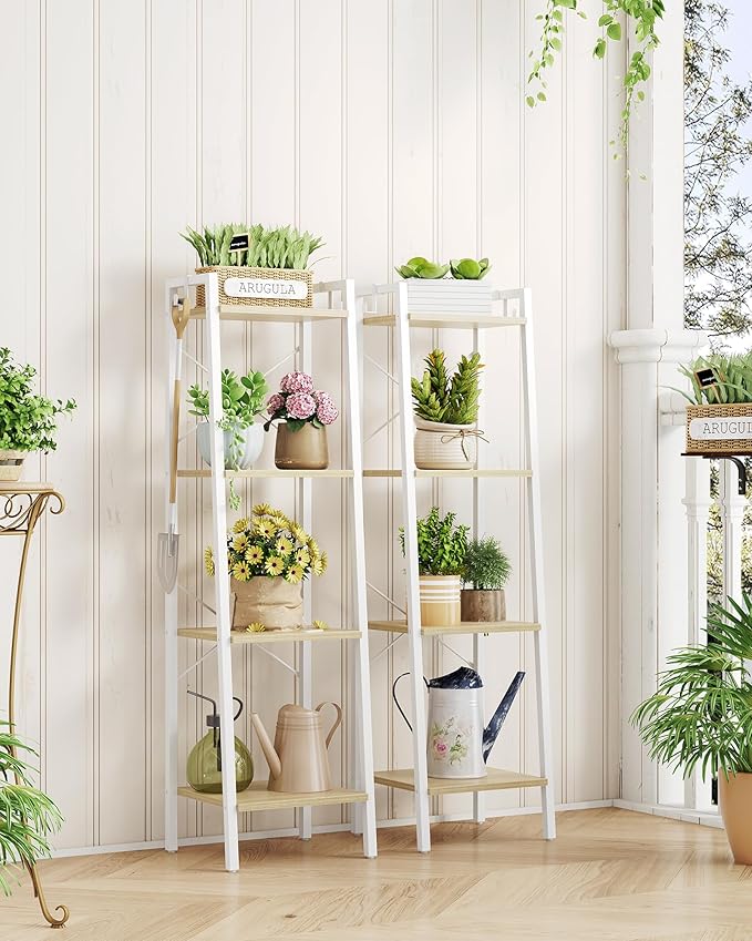 Ladder Shelf, Bookshelf Bookcase, Freestanding Corner Storage Shelve with 2 Hooks for Home Office, Living Room, Kitchen, Bedroom, Industrial, 11.8" D x 13.4" W x 47.2" H, White Oak and White