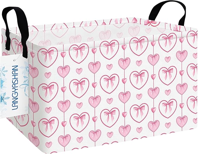 LANGYASHAN Rectangular Storage Bin Collapse Canvas Fabric Cartoon Storage Basket with Handles for Organizing Home Kitchen Boys and Girls Toys Office Closet Shelf Baskets (Rec Pearl Heart)