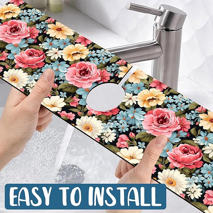 Colorful Flowers Sink Faucet Absorbing Mat Vintage Floral Super Absorbent Fast Drying Mat Sink Gadgets Behind Faucet Sinkmat for Kitchen Bathroom, 23.5"x5.5"