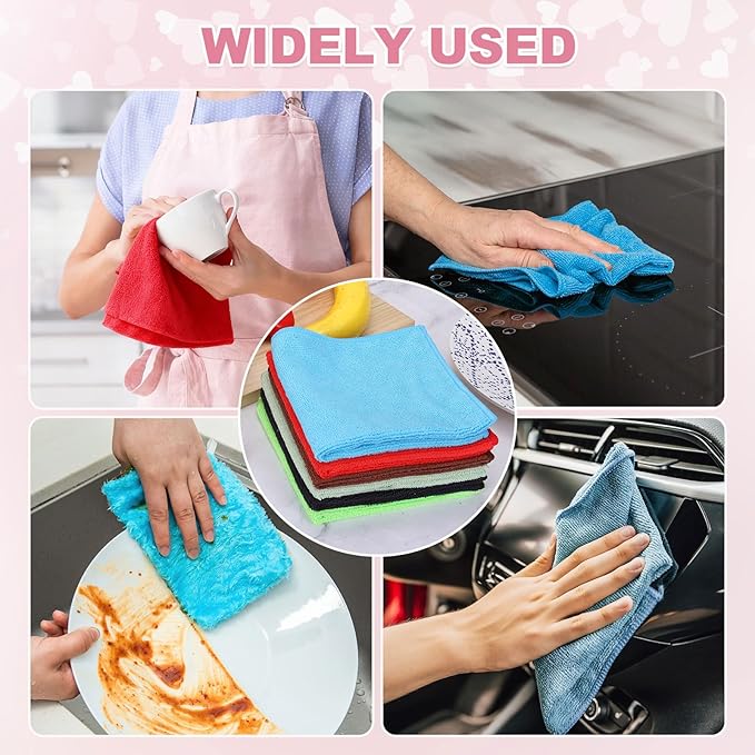 uxcell 5 Pcs Microfiber Cleaning Cloth, Kitchen Towels Reusable Microfiber Towels Highly Absorbent for Household Cleaning Supplies, Kitchen, Bathroom, Red(Square), 11.8" X11.8