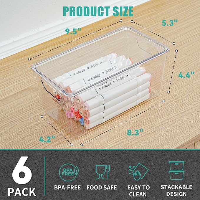 6 Pack Clear Storage Bins with Lids, Small Acrylic Arts and Craft Storage Containers, Stackable Clear Plastic Craft Storage Bins with Handles for Pantry Organizers and Storage, Kitchen, Fridge, Office