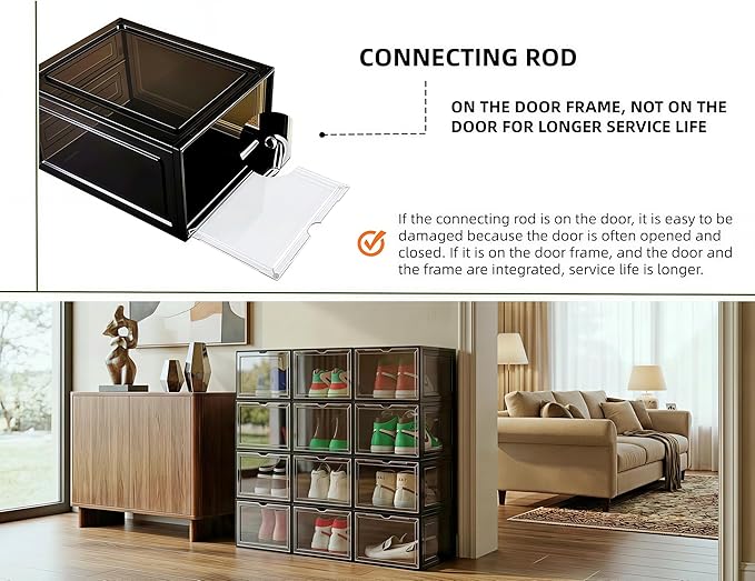 10 Pack Black Shoe Storage Boxes Stackable, Plastic Shoe Boxes with Lids, Sneaker Storage, Transparent, Thick Hard, Drop Front Door, Within US Size 13, Size: 13.54”x10.63”x7.49”