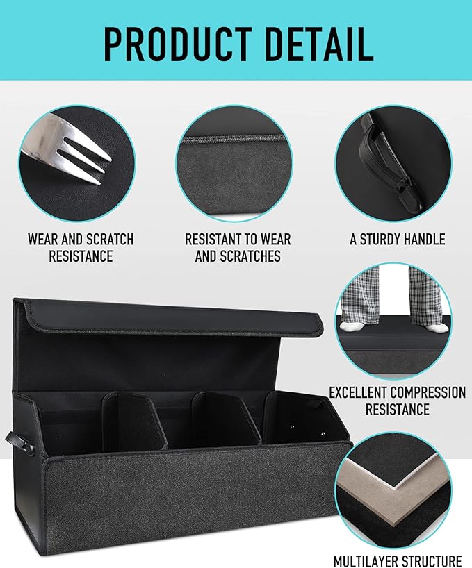 Car Organizers for Trunk for Suv Sedan, Leather Storage Box,Extra Large,Magnetic Lid,Collapsible and Adjustable, S004, Black