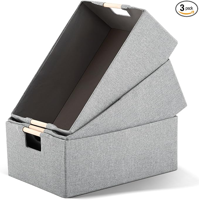 3 Pack Fabric Storage Bins for Closet Shelves, Rectangle Wardrobe Organizer with Handle, Collapsible Shelves Storage Basket for Sorting Clothes and Toy (Grey,15 x 10.6 x 6 Inch)