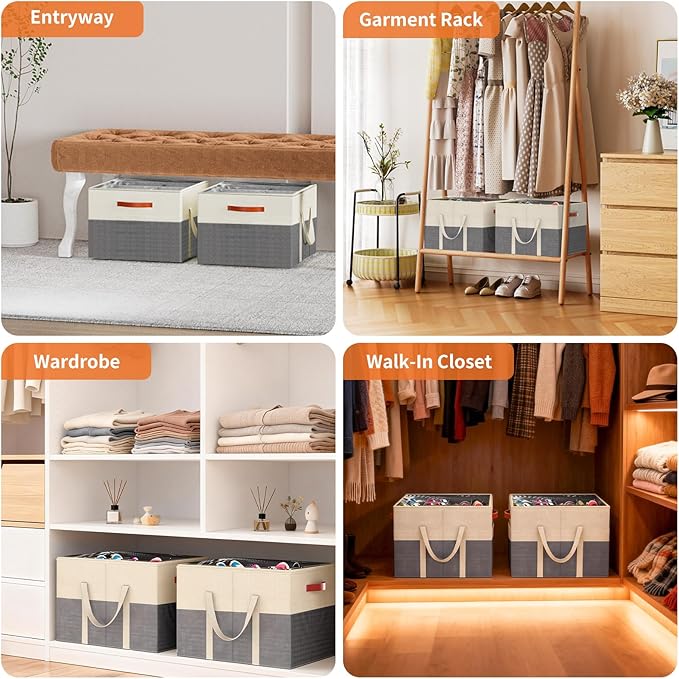 Aokeyee 2 Pack Shoe Organizer for Closet, Foldable Shoe Storage Organizer Box w/Clear Cover and Reinforced Handles, Space Saving Shoes Bin Fits up to 32 Pairs, Beige and Grey