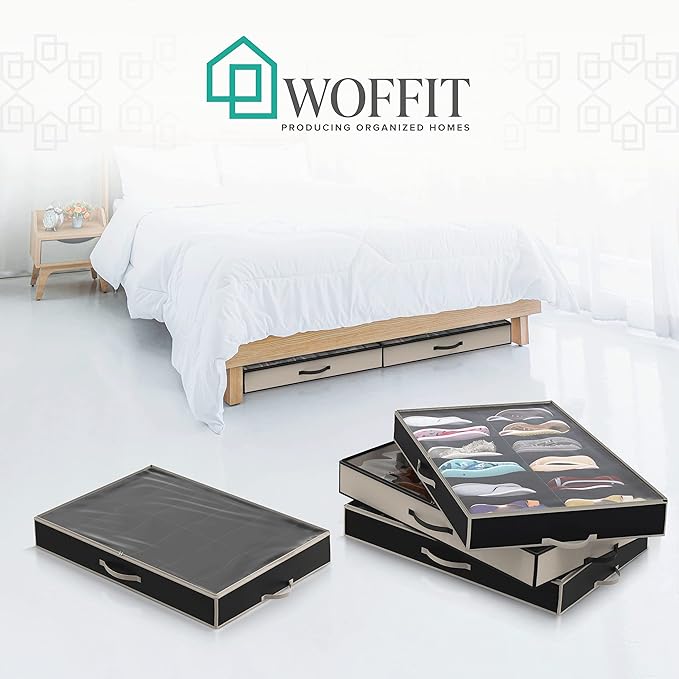 Woffit Under Bed Shoe Storage Organizer – Set of 2 Large Containers, Each Fit 12 Pairs of Shoes – Sturdy Box w/Strong Zipper & Handles – Underbed Organizers for Kids & Adults