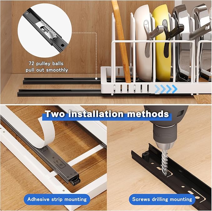 Pots and Pans Organizer Under Cabinet, 21.6" Deep Pull Out Pot Lid Organizer Holder with Guardrail Adhesive Pot and Pan Holder Rack with 10 Adjustable Dividers-1 Pack(White)