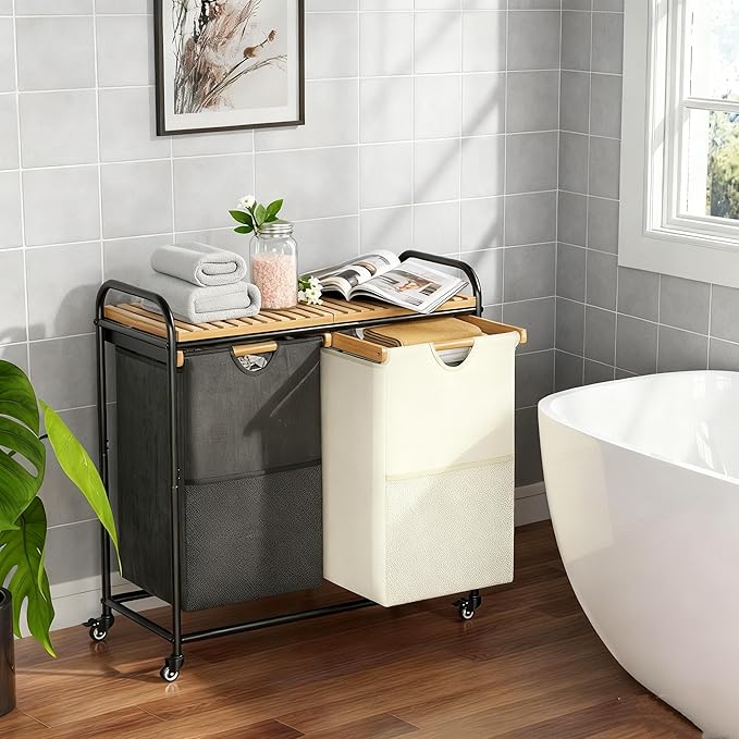 Laundry Sorter 2 Section, Laundry Hampers with Removable Shelf and Pull-Out Bags, Rolling Cart Clothes Hampers Basket with Wheels for Laundry Room Bathroom, 2 x 46 L