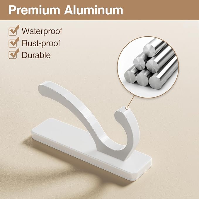pickpiff Adhesive Wall Hooks for Towels - Sticky Hook Hanging Heavy Duty (13lb), Hanger for Door, Bathroom, Dorm, Closet - for Coats, Purse, Bag, Robe - No Damage to Wall - White 4 Pack