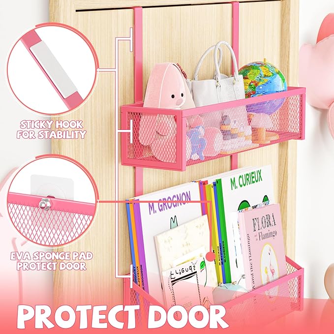Kaiferty Over The Door Hooks Organizer, Coat Rack Over The Door Storage Hanger Towel Rack, Back of Door Storage Organizer for Bathroom,Bedroom,Kitchen,Office (Pink, 3-Tier)