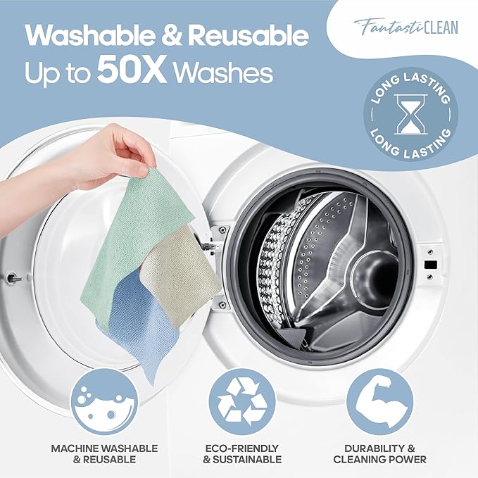 Fantasticlean Microfiber Cleaning Cloth Roll -60 Pack, Tear Away Paperless Towels, 8" x 8", Reusable Washable Rags, for House Kitchen, Pet, Office, Indoor Outdoor, Compact and Portable (Baby Blue)