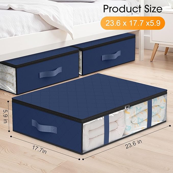 StorageRight Under Bed Storage Bins, 10-Pack 40L Foldable Fabric Storage Bags with Transparent Window, Breathable Organizer for Clothes/Blanket/Comforter/Quilt, Blue