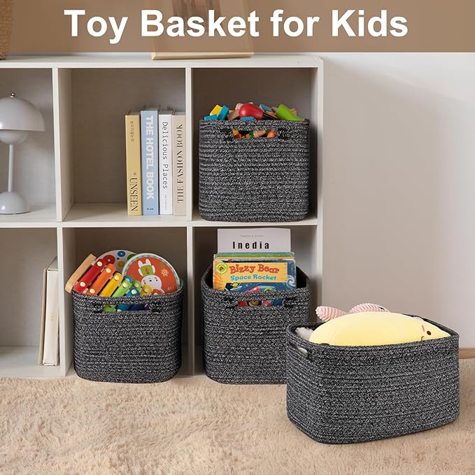 Storage Baskets for Organizing, Woven Decorative Baskets for Shelves - Books, Towels, and Clothes, Cotton Rope Toy Storage Bins, 12.7''Lx9''Wx7.8''H, Pack of 4, Black and White