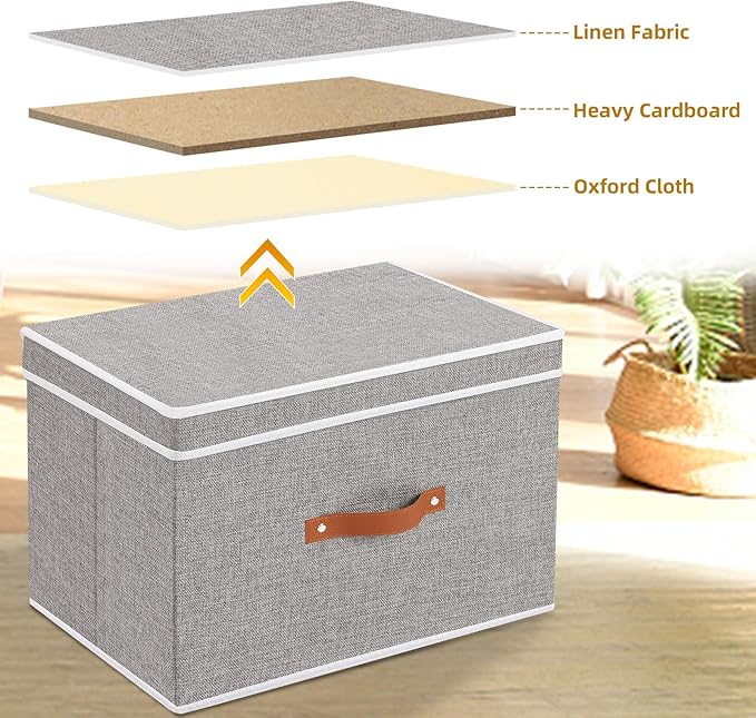 YheenLf Storage Bins with Lids, Fabric Collapsible Boxes, 17.7 x 11.8 x 11.8 Inch Storage Baskets with Handles for Bedroom Laundry Bathroom, Grey, 5-Pack