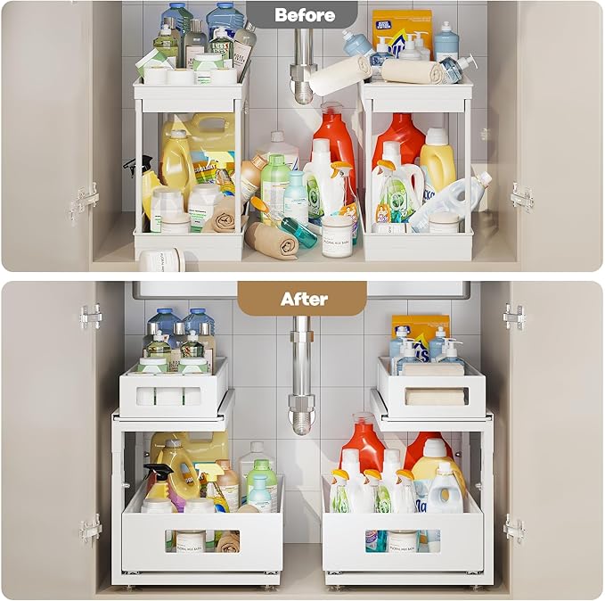 Corbyles 2 Pack Under Sink Organizer With Next-Gen Ball-Bearing Slides,2-Tier Pull Out Cabinet Storage,Height Adjustable Drawer Shelf for Bathroom,Kitchen,Laundry,Cabinet,Pantry(Patent Pending)