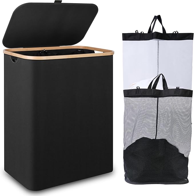 150L Laundry Basket with Lid,Large Laundry Hamper with Bamboo Handles, Hampers for Laundry, Dirty Clothes Hamper with 2 Removable Inner Bags for Clothes Toys Towels,Black