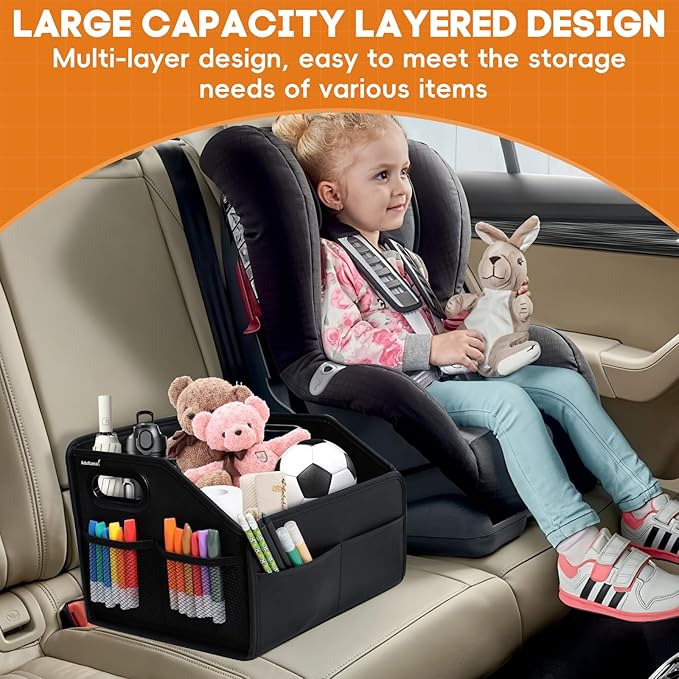 Car Storage Organizer Reinforced Dividable Leather Car Caddy Basket for Front Seat Floor Back Sturdy Frosted Handle 8 Compartments Adjustable Strap Buckles Slip-Resistant for SUV Truck