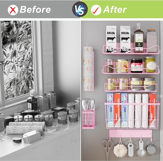 Magnetic Spice Rack for Refrigerator, 7 Pack Magnetic Fridge Shelf for Kitchen Organization Storage, Moveable Spice Organizer W/Paper Towel Holder, Utensil Caddy, Cutting Board Rack (Pink)