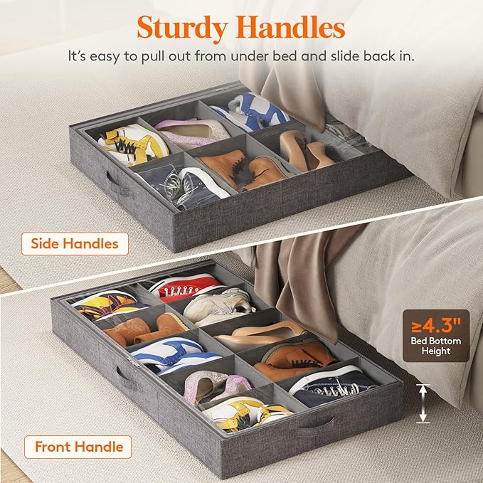 Lifewit Under Bed Shoe Storage Organizer Fits 10 Pair Sneakers, 4.3 Inches Tall Sturdy Structure Ultra Thick Fabic Sneaker Storage, Foldable Underbed Shoe Boxes for Heels, Boots, Sports Shoes 2 Pack
