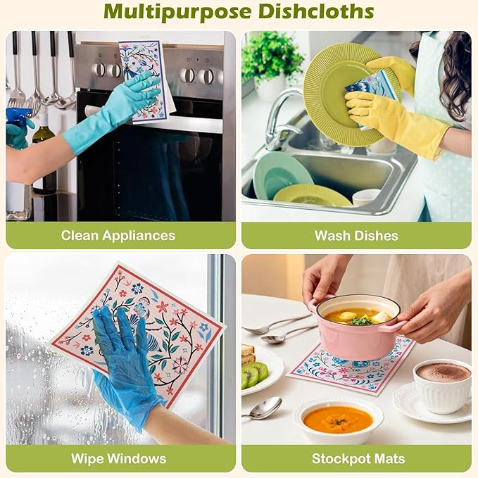 6 Packs Swedish Paper Cloths for Kitchen, Reusable Paper Towels Washable Dish Rags, Highly Absorbent Kitchen Towels Quick Drying Swedish Sponge Cleaning Dish Cloths (Insects Floral)