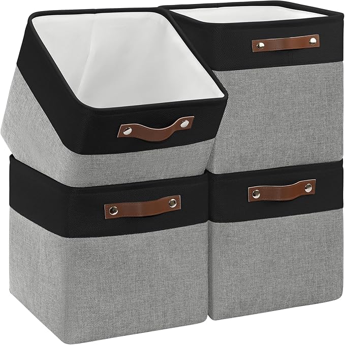 4-Pack Foldable Fabric Storage Cubes 11x11 Inch, Sturdy Cube Organizer Bins with Leather Handles, Storage Baskets for Closet Shelves and Home Organization(Dark/Gray)