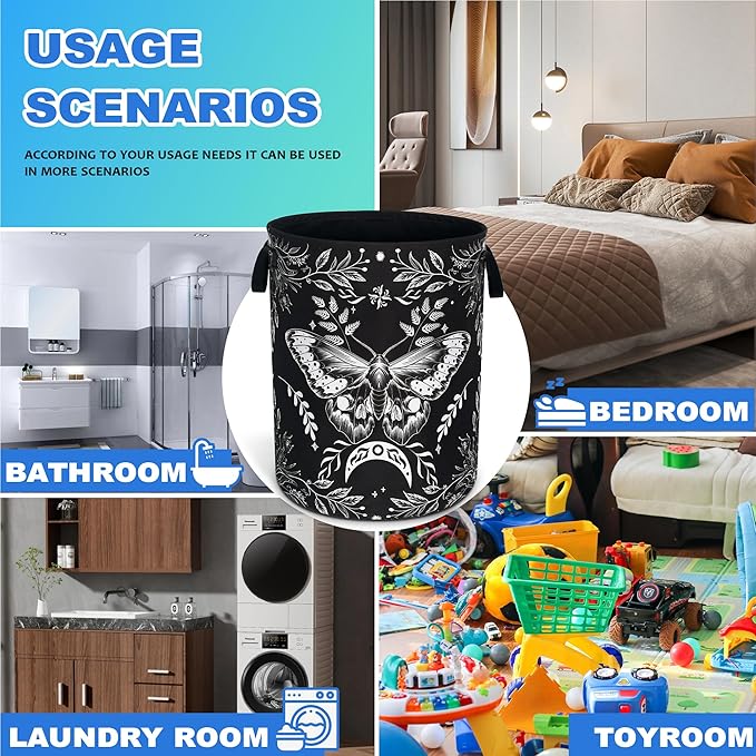 Moth Laundry Basket Oxford Cloth Funny Butterfly Laundry Hamper With Handle Foldable Portable Clothes Storage Basket 18.9 X 16.5 In Storage Bag For Laundry Room/Bathroom/Bedroom/Dormitories