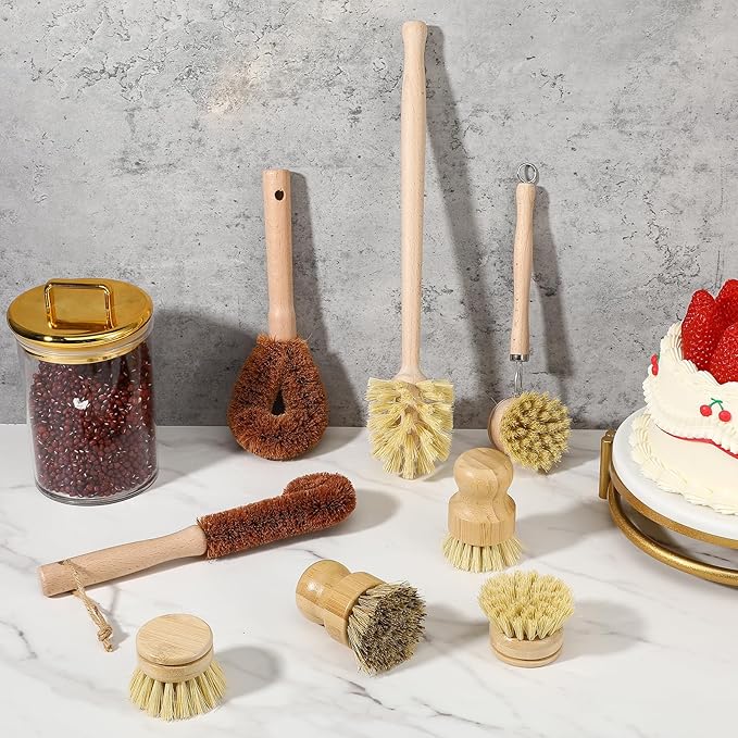 9pcs Bamboo Dish Brush Set Wooden Dish Brush with 14’’ Bottle Brush Natural Kitchen Scrub Brush Dish Scrubber for Kitchen Cleaning Dishes Pans Bottles Sink Vegetables Household