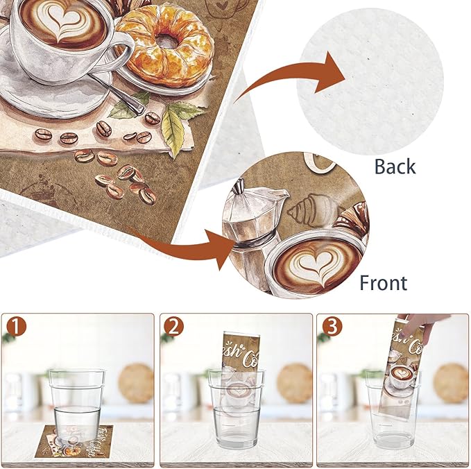 Reusable Swedish Dishcloths for Kitchen, 6PCS Coffee Theme Cellulose Sponge Paper Towels Washable, Absorbent Fast Drying Swedish Dish Cloth for Home Cleaning