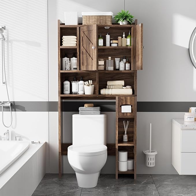 Meilocar Over The Toilet Storage Cabinet, Freestanding Storage Cabinet Over Toilet, Bathroom Storages Organizer Cabinets with Toilet Paper Holder Stand and Adjustable Shelf, Walnut